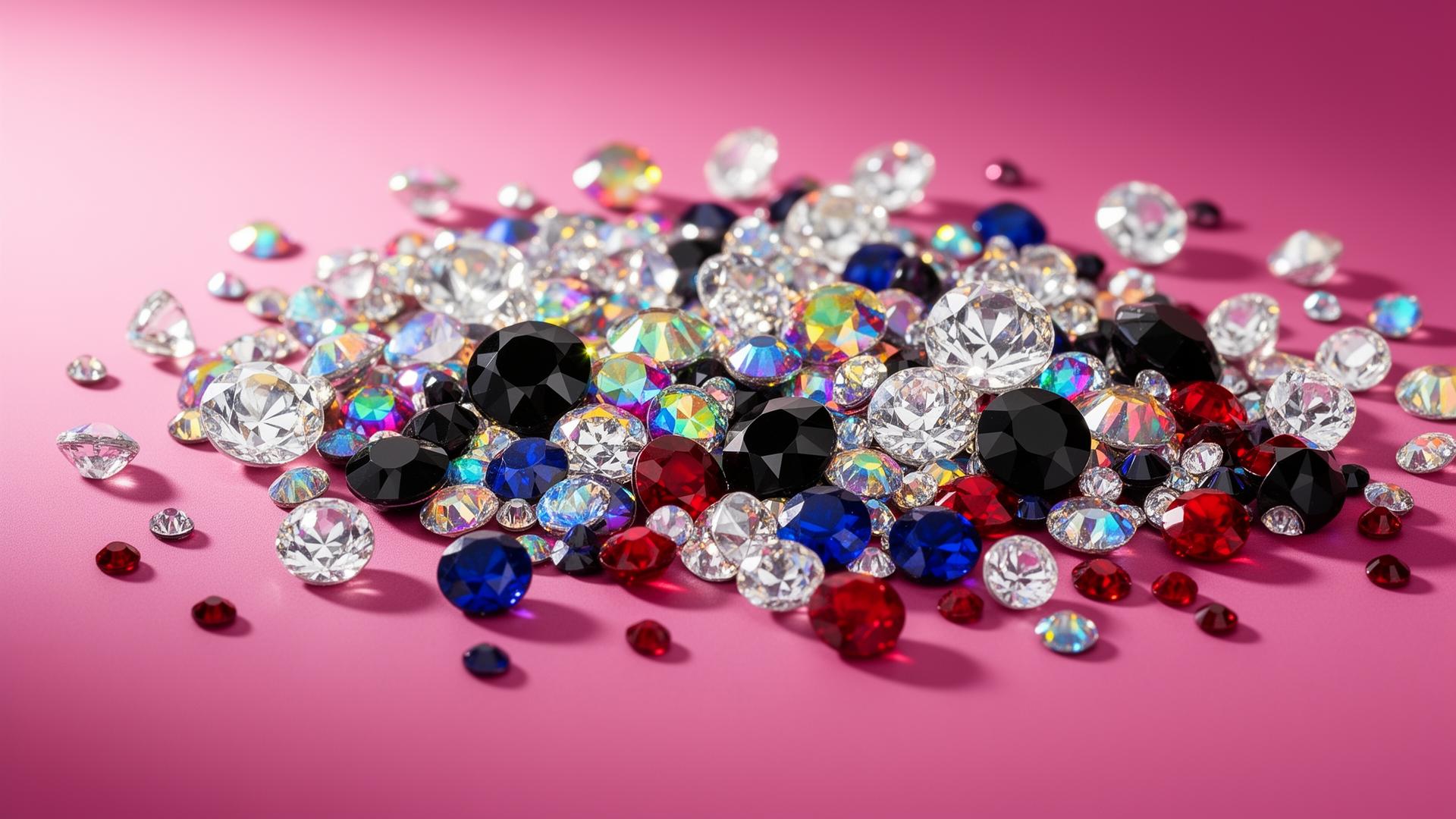 Collectie van glinsterende rhinestone kristallen in verschillende kleuren zoals crystal, jet zwart, sapphire blauw en ruby rood